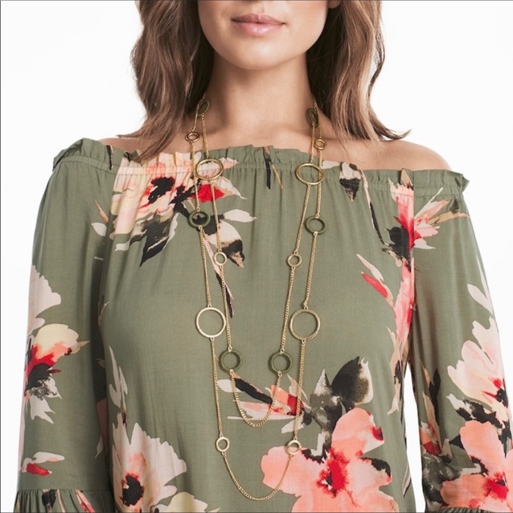 White House Black Market Floral Off-Shoulder Blouse - Green and Pink - Picture 3 of 3